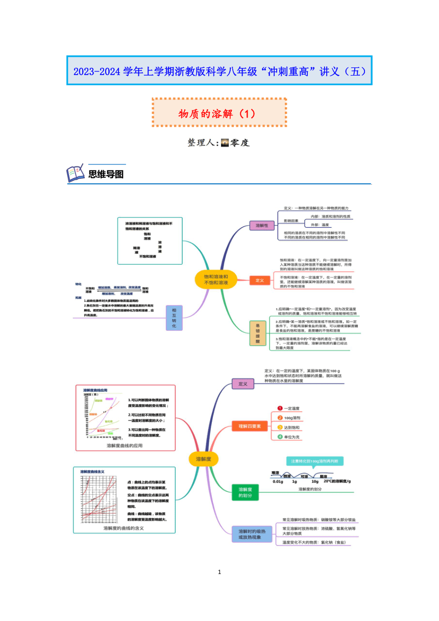 浙教版科学2023-2024学年上学期八年级“冲刺重高”讲义（五）：物质的溶解（1）（含解析）