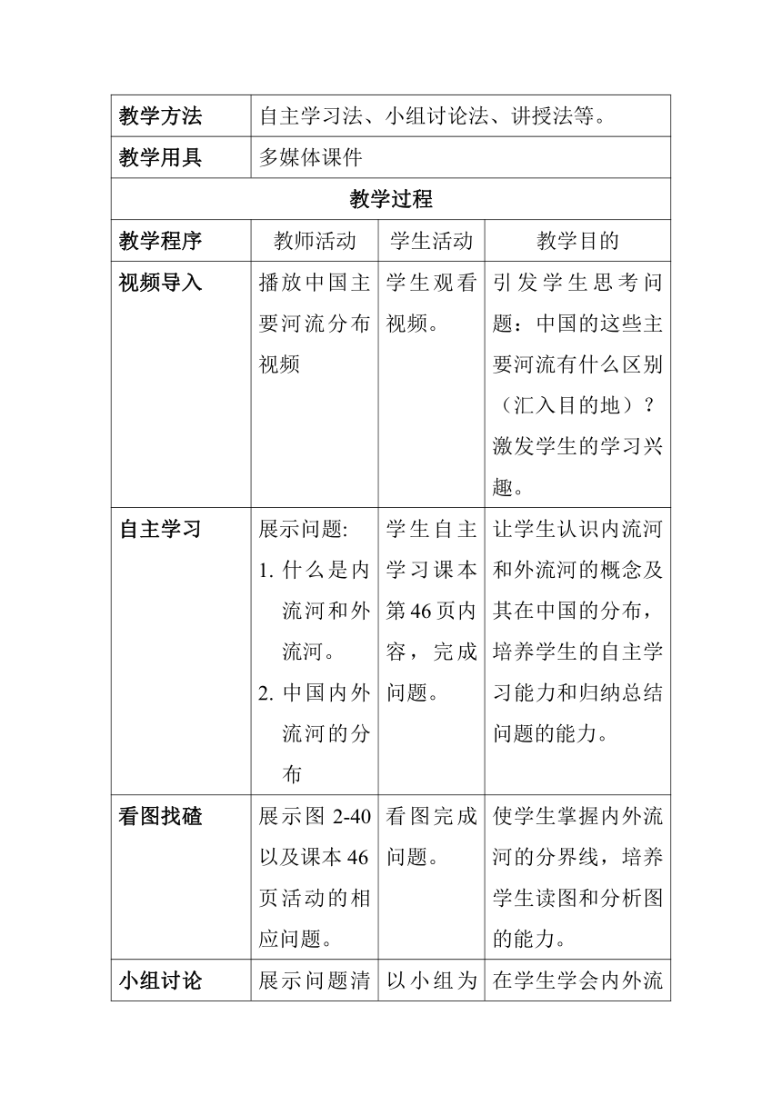 2.3《中国的河流》教学设计（表格式）2023-2024学年湘教版地理八年级上册