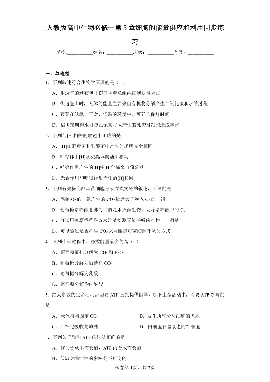 人教版高中生物必修一第5章细胞的能量供应和利用同步练习（含答案）