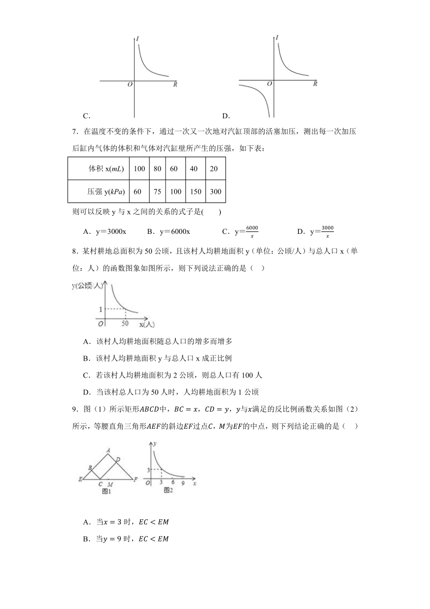 26.2实际问题与反比例函数 同步训练（无答案） 2022-2023学年人教版数学九年级上册