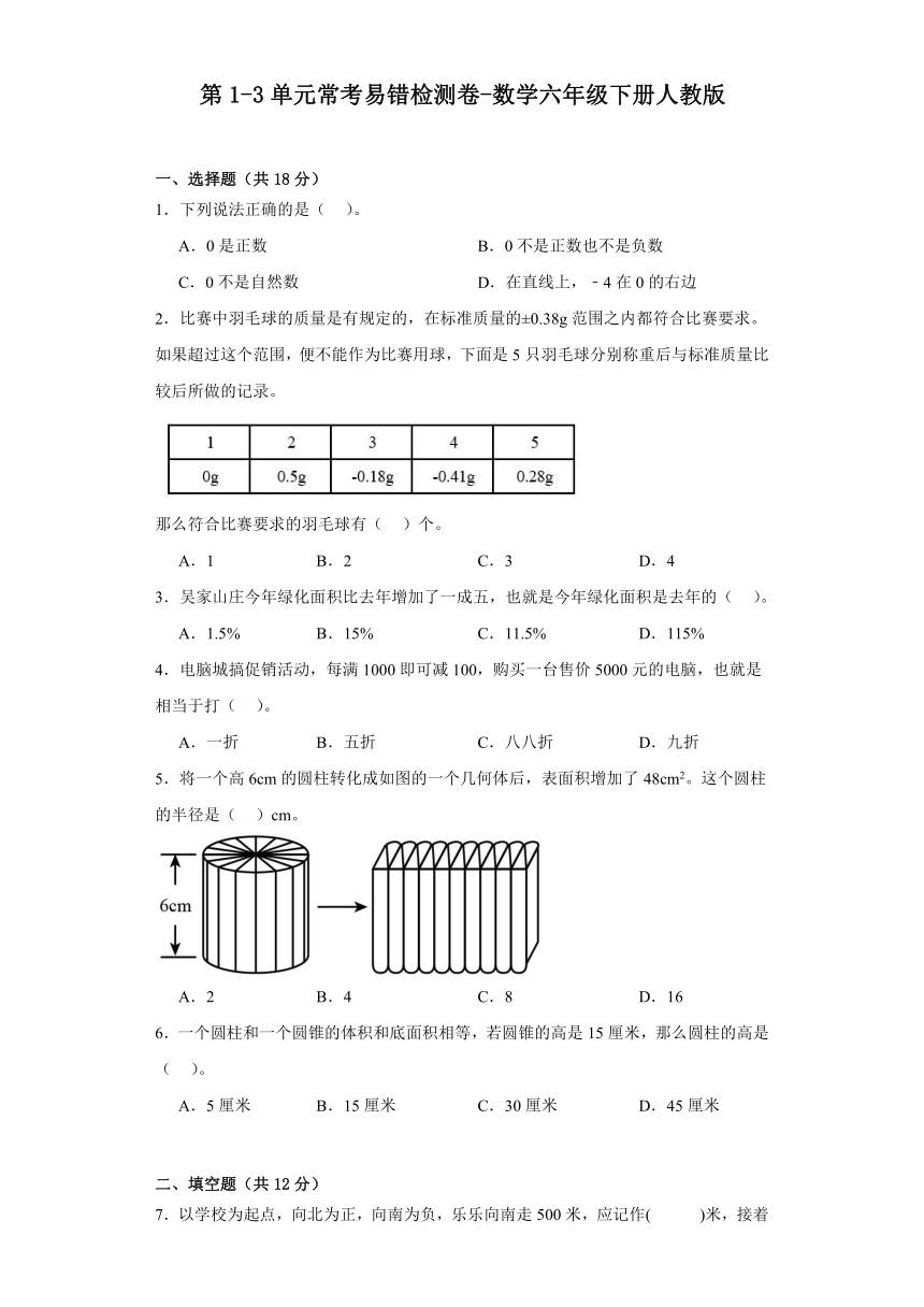 第1-3单元常考易错检测卷-数学六年级下册人教版（含解析）