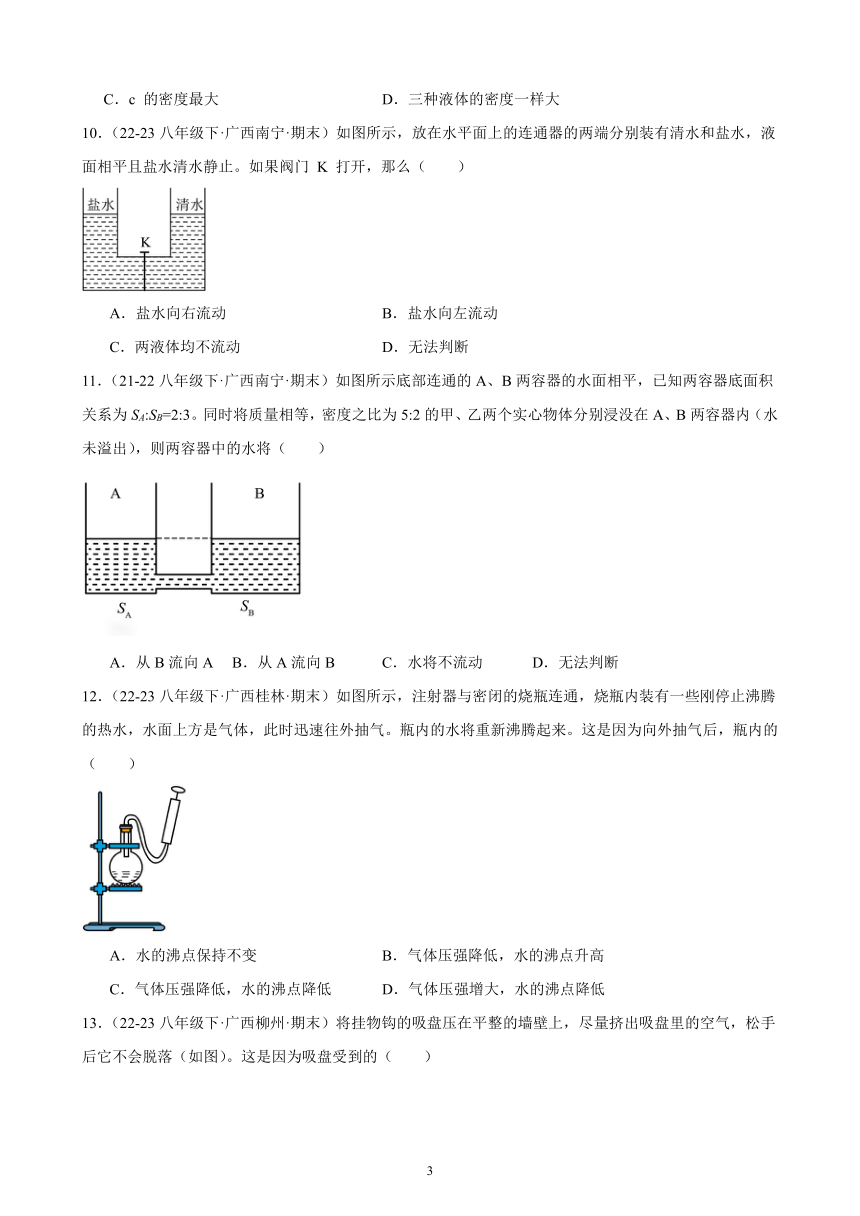 第九章 压强 期末试题选编（含解析） 2022－2023学年下学期广西各地八年级物理