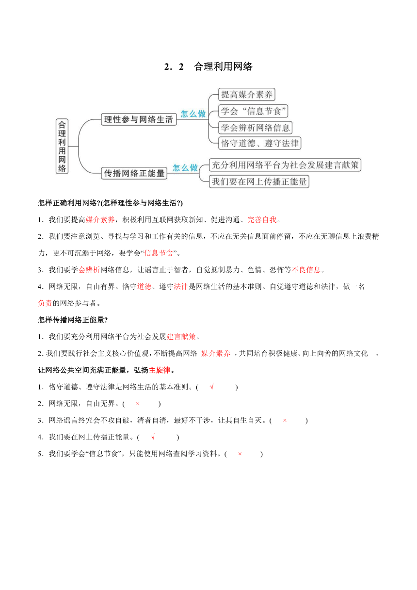 八年级道德与法治上册（统编版）2.2合理利用网络 知识清单+提升培优练（含答案）