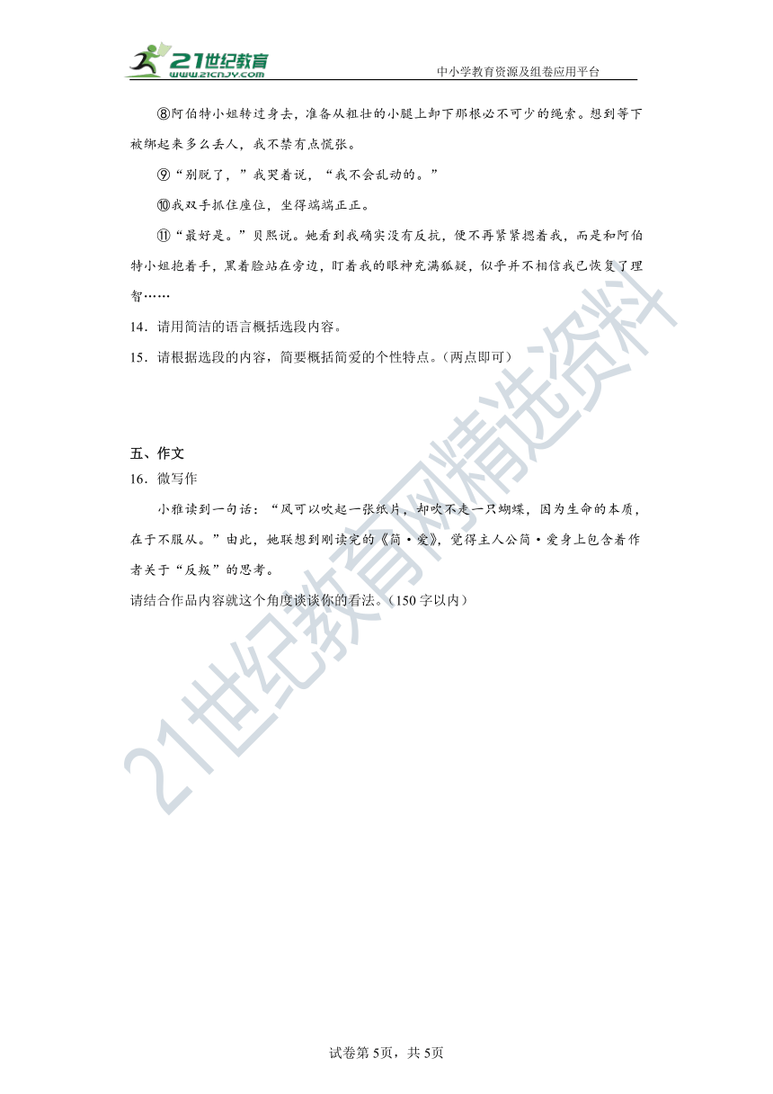 九年级下册第六单元 名著导读《简爱》：外国小说的阅读 同步精选卷（含答案解析）