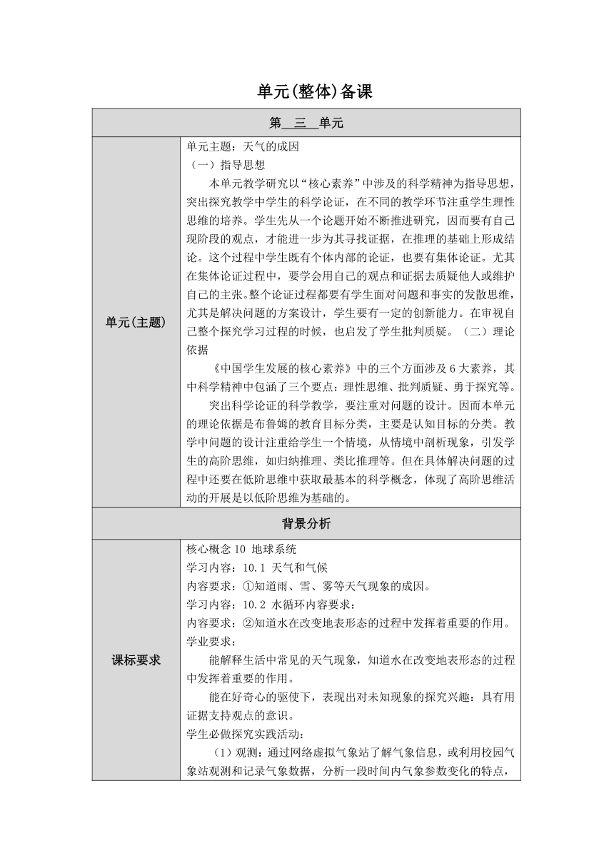 人教鄂教版小学科学六年级上册三单元《天气的成因》单元备课 （表格式）