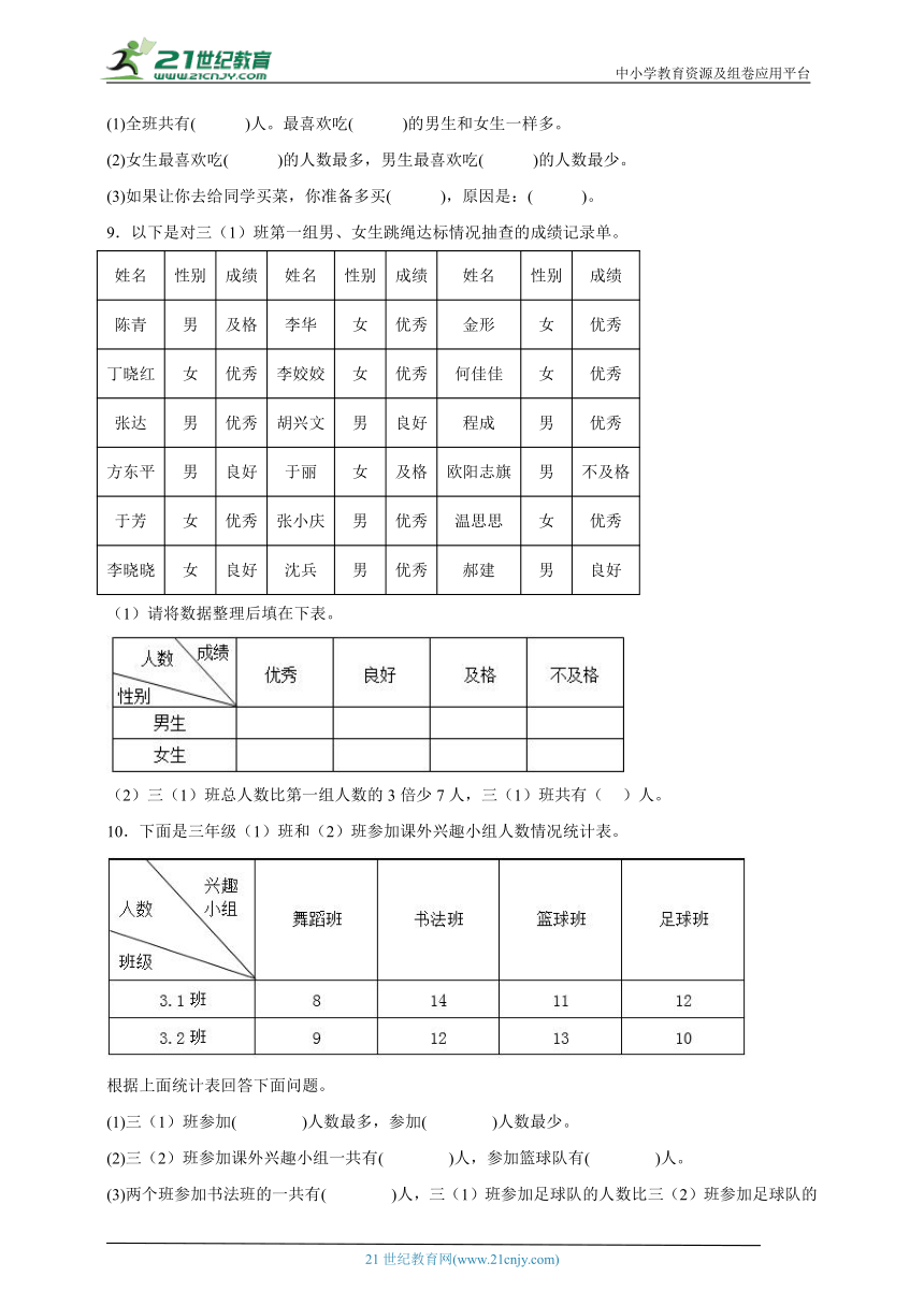 第3单元复式统计表测试卷-数学三年级下册人教版（含答案）