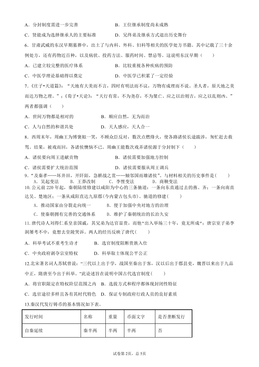 四川省雅安市重点中学2023-2024学年高一上学期入学考试历史试题（含答案）