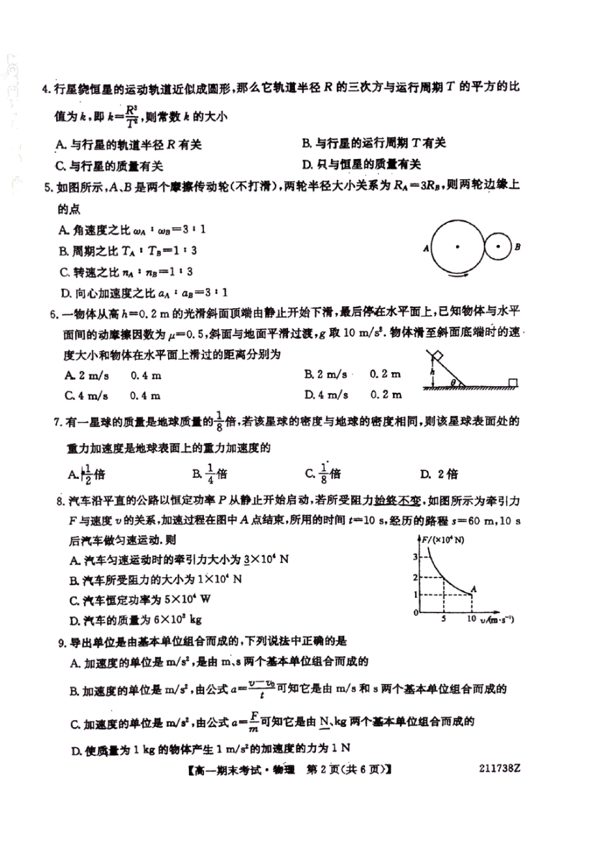 贵州省黔西南州望谟县普通高中2020-2021学年高一下学期期末考试物理试卷（PDF版无答案）