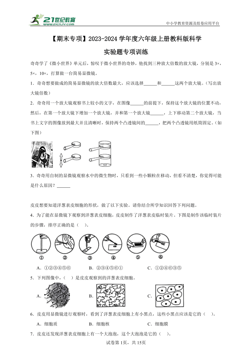 【期末专项】教科版（2017秋）2023-2024学年度六年级上册科学实验题专项训练（含答案）