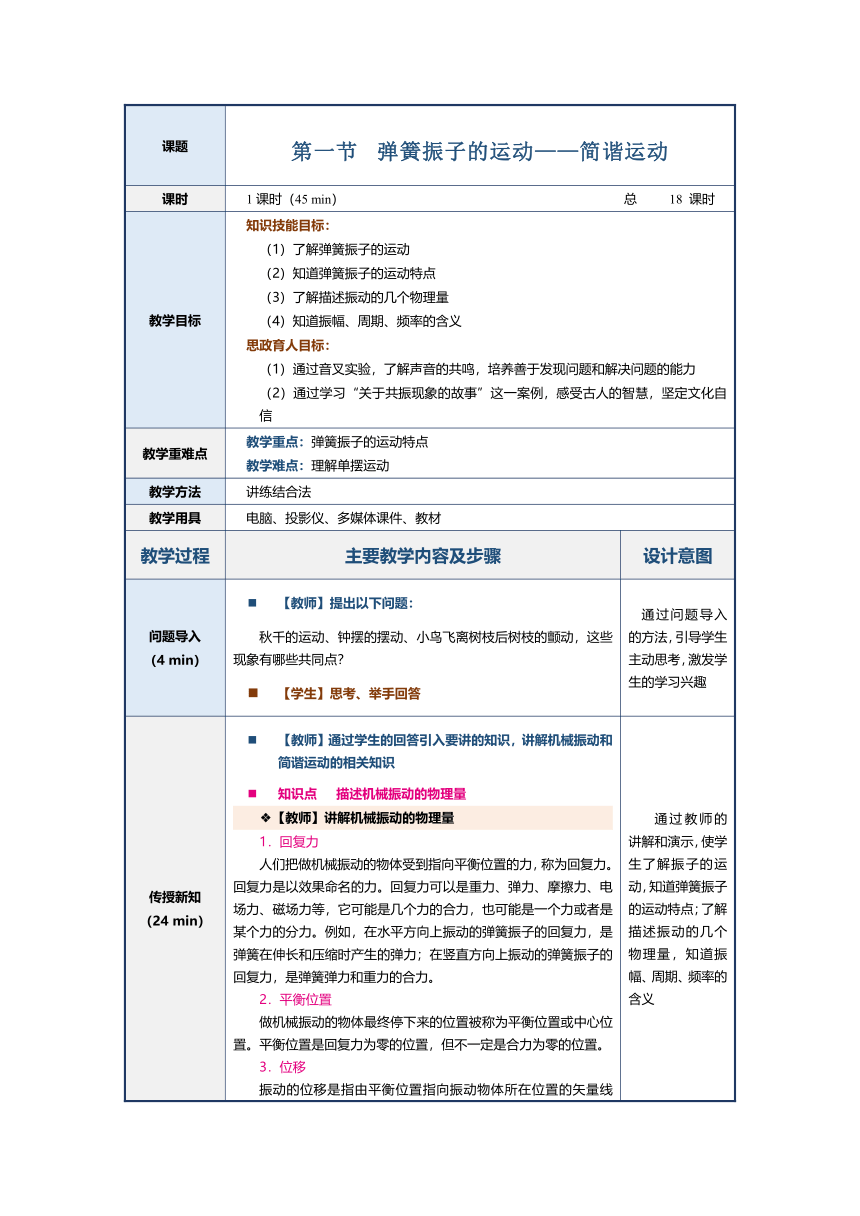 5.1弹簧振子的运动——简谐运动（教案）（表格式）中职《物理（上册）》（上海交通大学出版社）