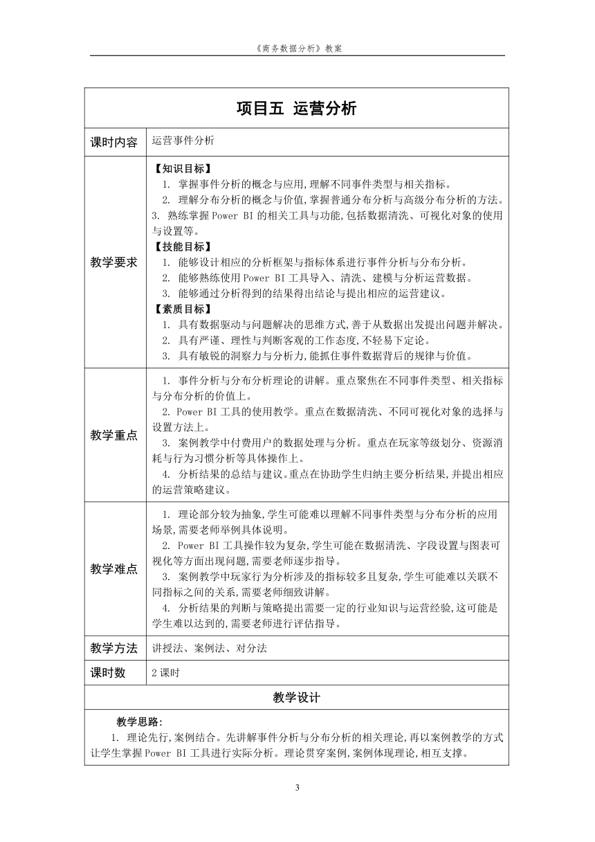 项目5运营分析 教案（表格式）《商务数据分析》（高教版）