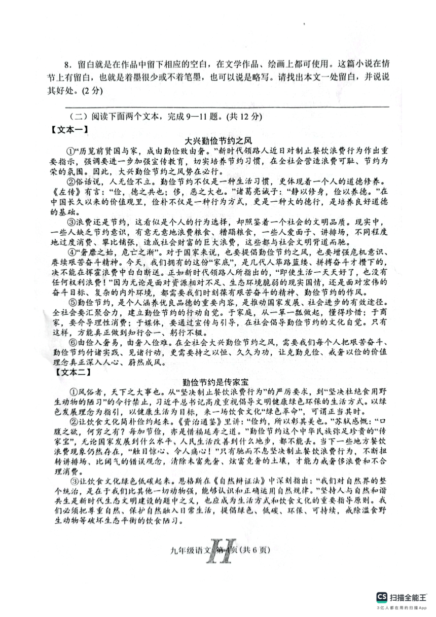 河南省南阳市唐河县2023-2024学年九年级上学期11月期中语文试题（扫描版，含答案）