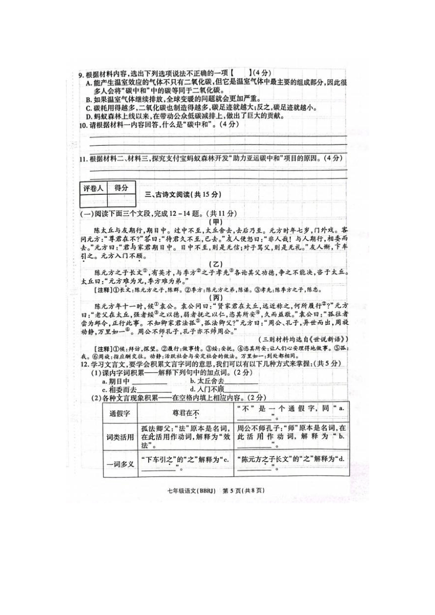 河南省周口市西华县2023-2024学年七年级上学期期中语文试题（图片版含答案）