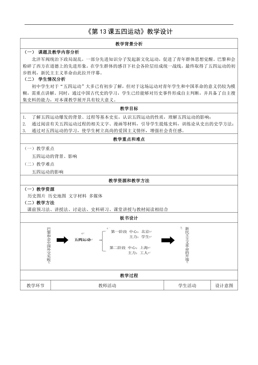 第13课 五四运动【教学设计】（表格式）
