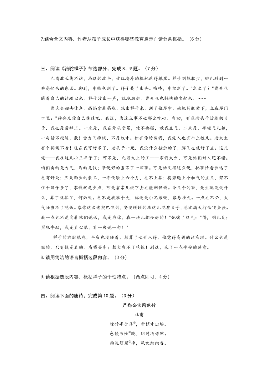 2023年湖北省武汉市新洲区中考综合训练（一）语文试卷（含答案）