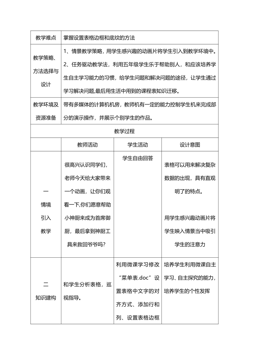 电子工业出版社 五年级下册 信息技术 第3章 第2节 设置和美化表格 教案（表格式）