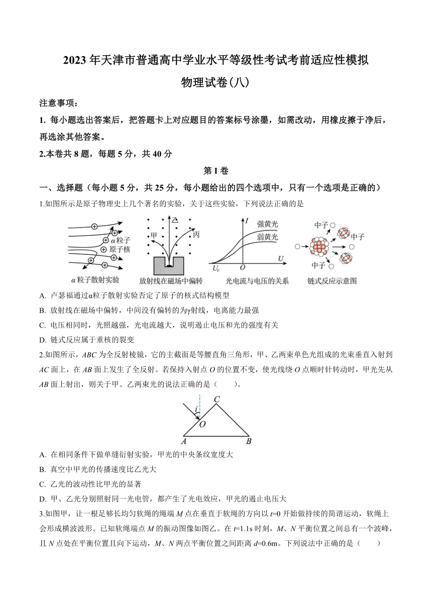 2023届天津市普通高中学业水平等级性考试考前适应性模拟物理试卷(八)（5月）（Word版含答案）