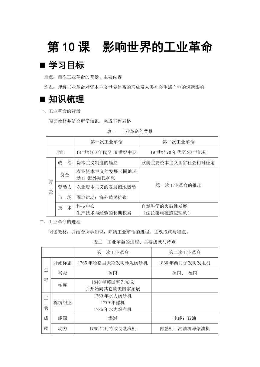 【学案】纲要（下）第10课  影响世界的工业革命