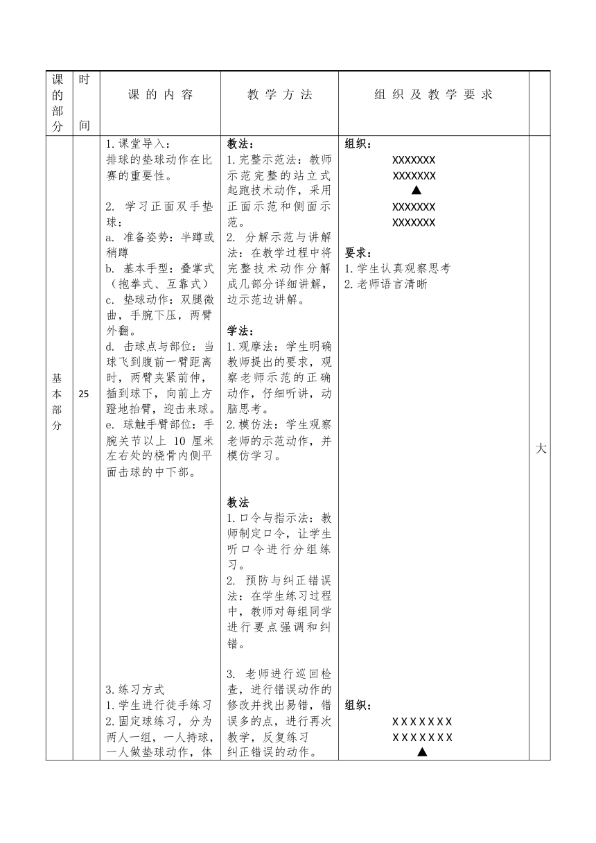 第五章排球——排球正面双手垫球教案2021—2022学年人教版体育与健康七年级全一册（表格式）