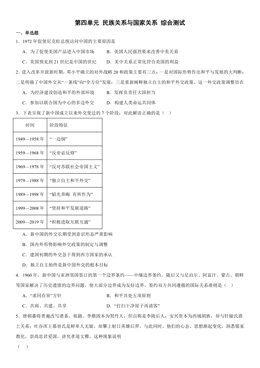 第四单元 民族关系与国家关系 综合测试（含答案）高二历史统编版2019选择性必修1 国家制度与社会治理