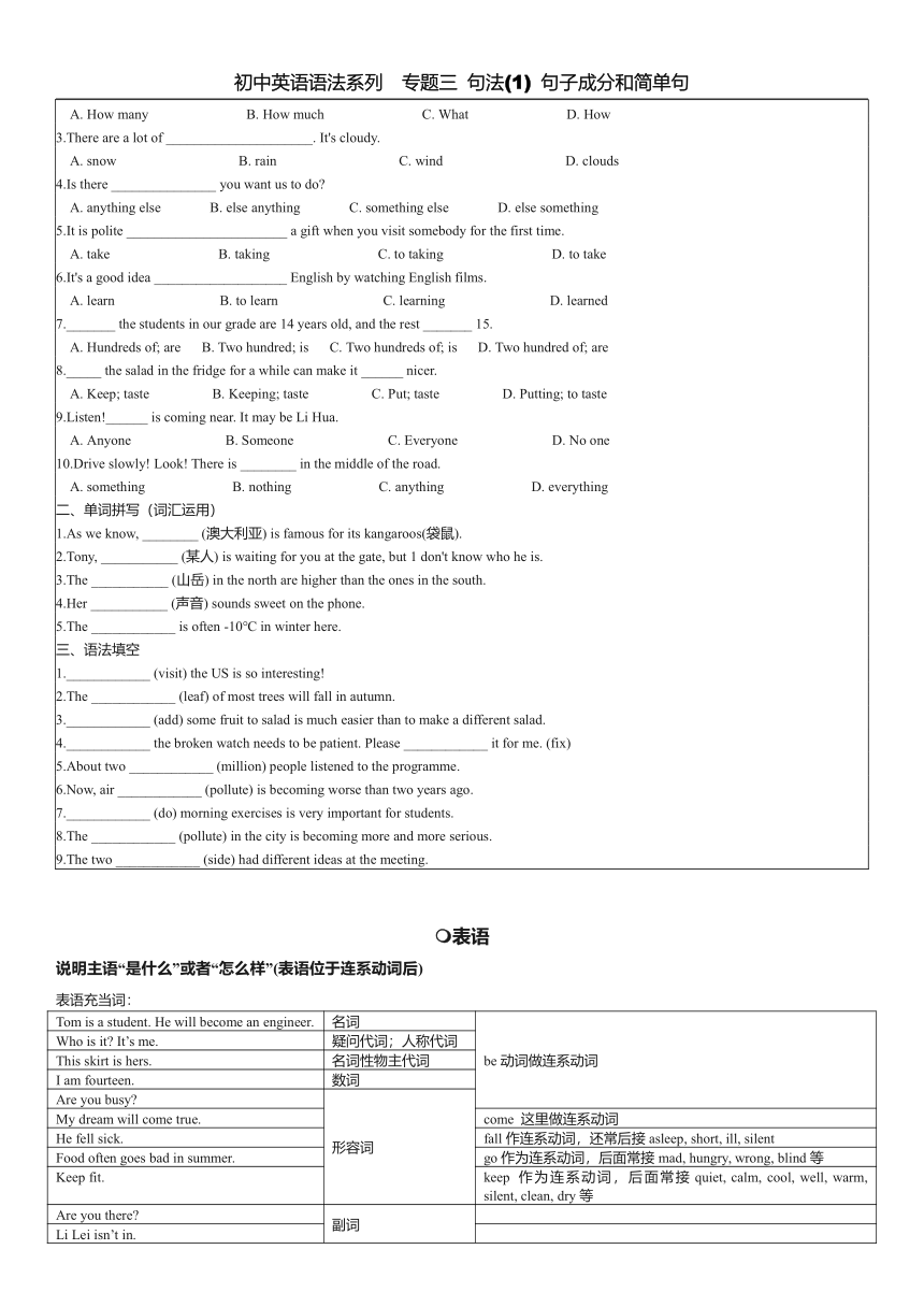 初中英语语法精通 专题三 句法(1) 句子成分和简单句(word版，含答案）