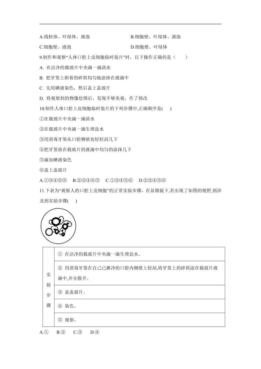 2.1.3动物细胞—2021-2022学年生物人教版七年级上册同步作业（word版 含解析）