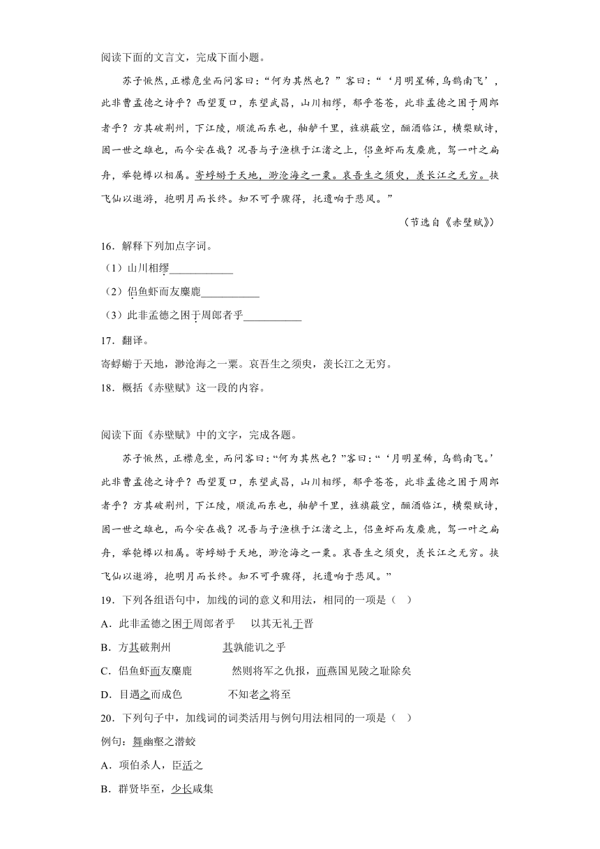 16.1《赤壁赋》检测训练题2022-2023学年统编版高中语文必修上册（含答案）