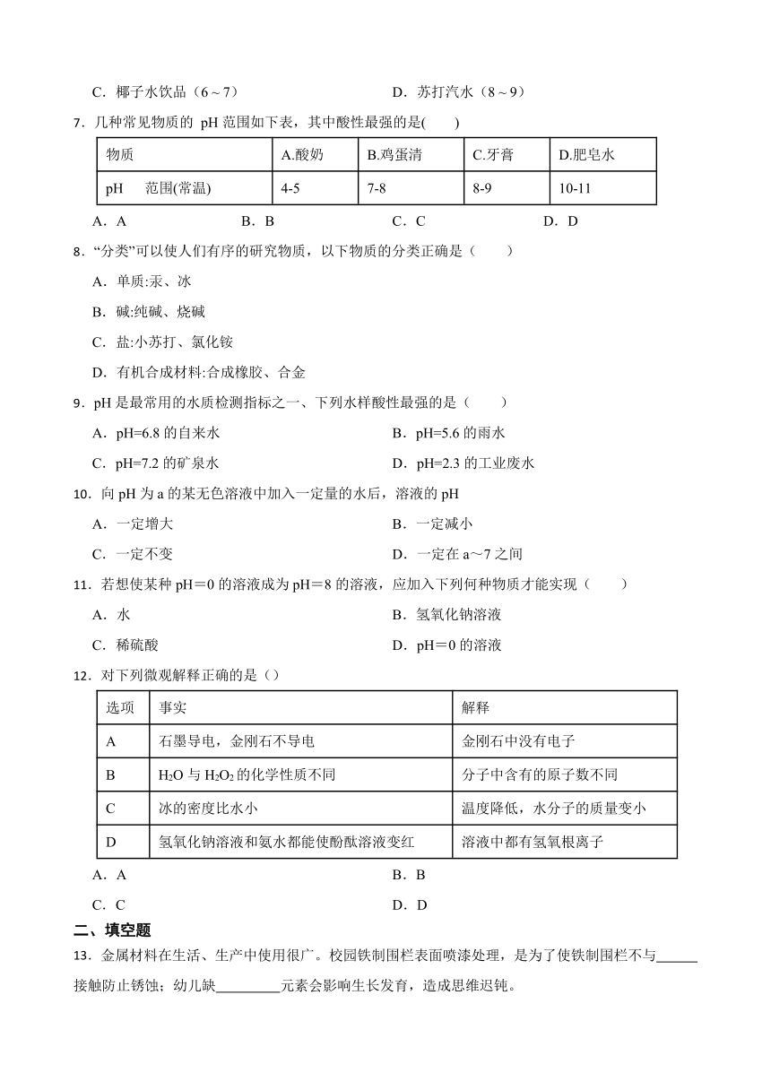 5.1 生活中的酸和碱 同步练习  (含答案)2022-2023学年沪教版（上海）九年级下册化学