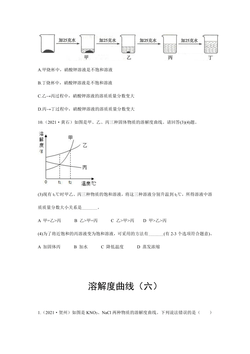 2021年各地市中考化学真题汇编——溶解度曲线(六)（word版，含答案与解析）