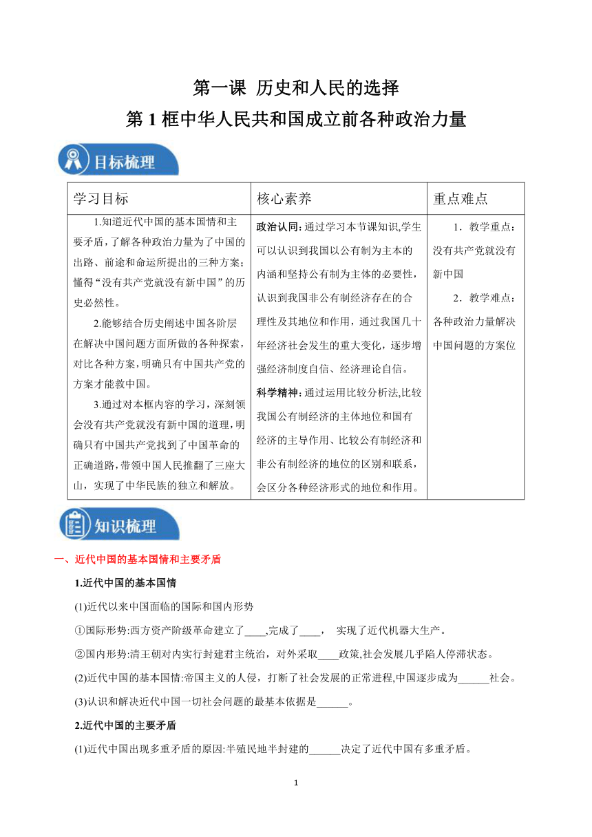 高中政治人教部编版必修3政治与法治1.1 中华人民共和国成立前各种政治力量 学案