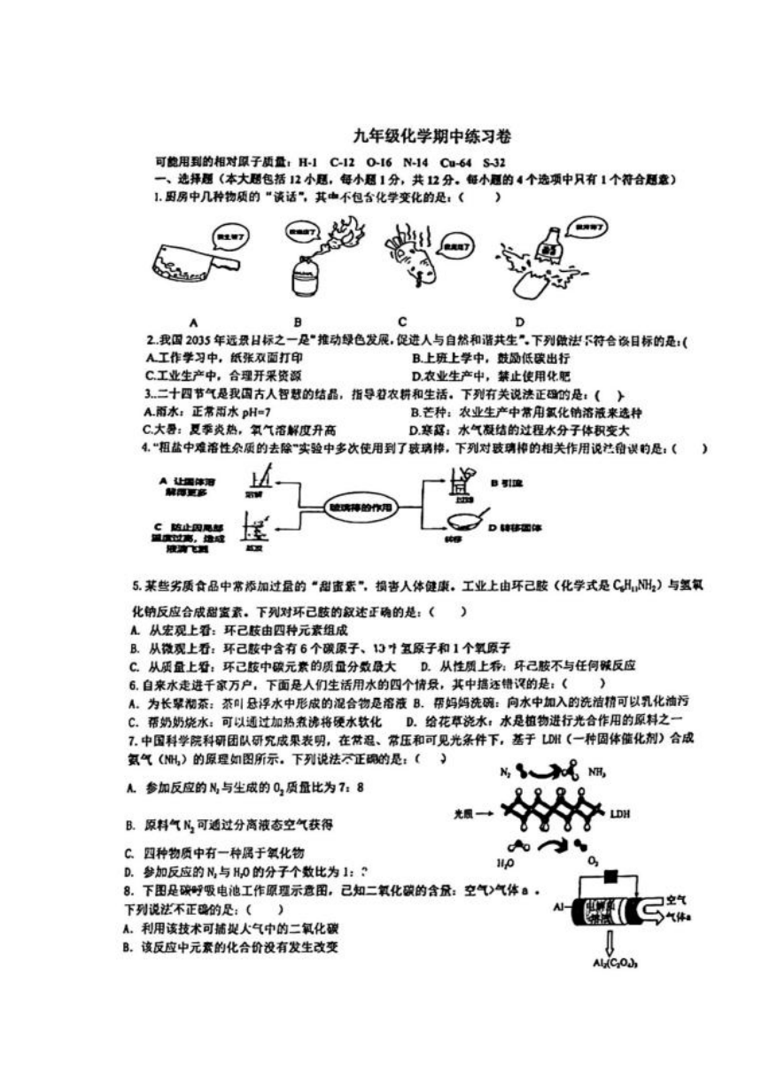 2024年安徽省合肥市第四十五中学中考一模化学试题(图片版含答案)