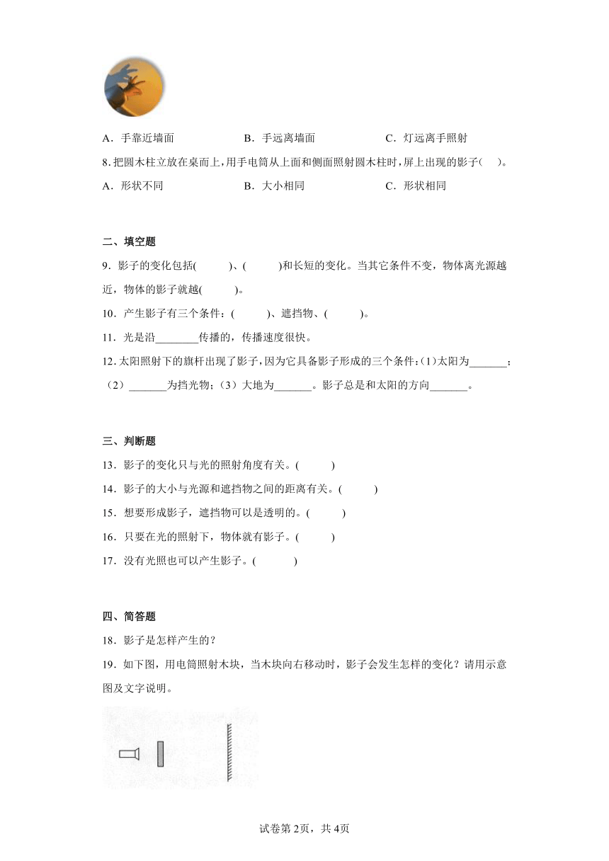 教科版（2017秋）科学 三年级下册 3.3影子的秘密 同步练习（含答案）