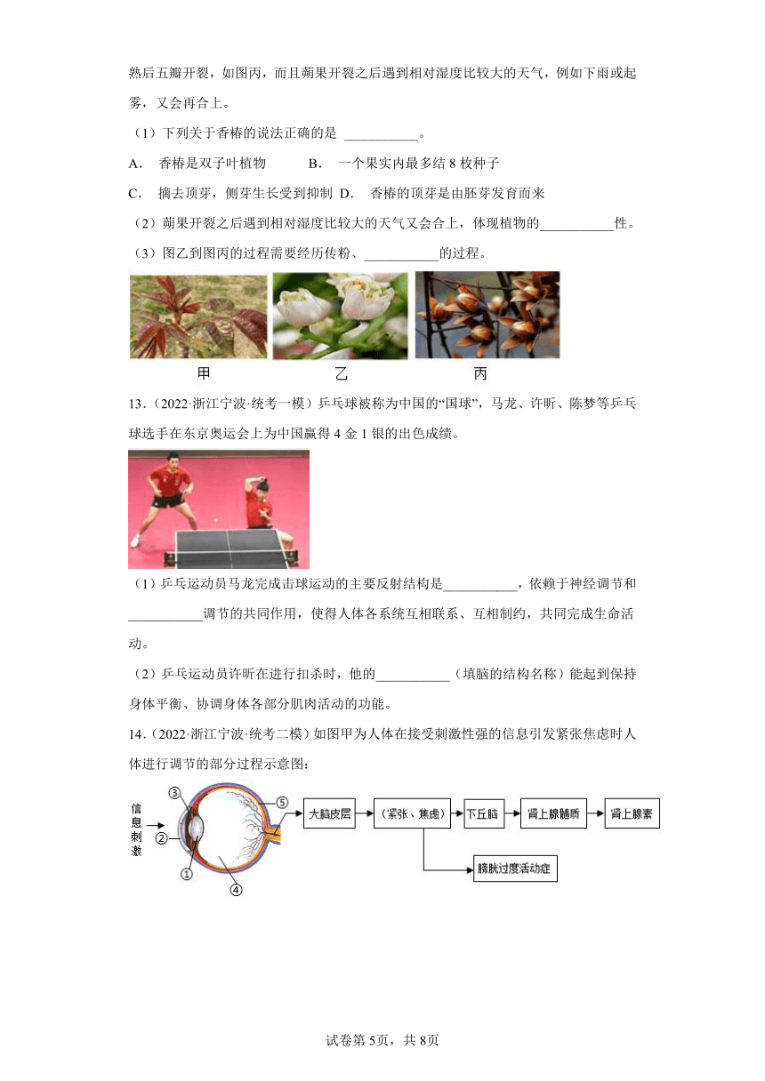 浙江省2022年中考科学模拟题汇编-15植物生命活动的条件、神经调节(含解析)