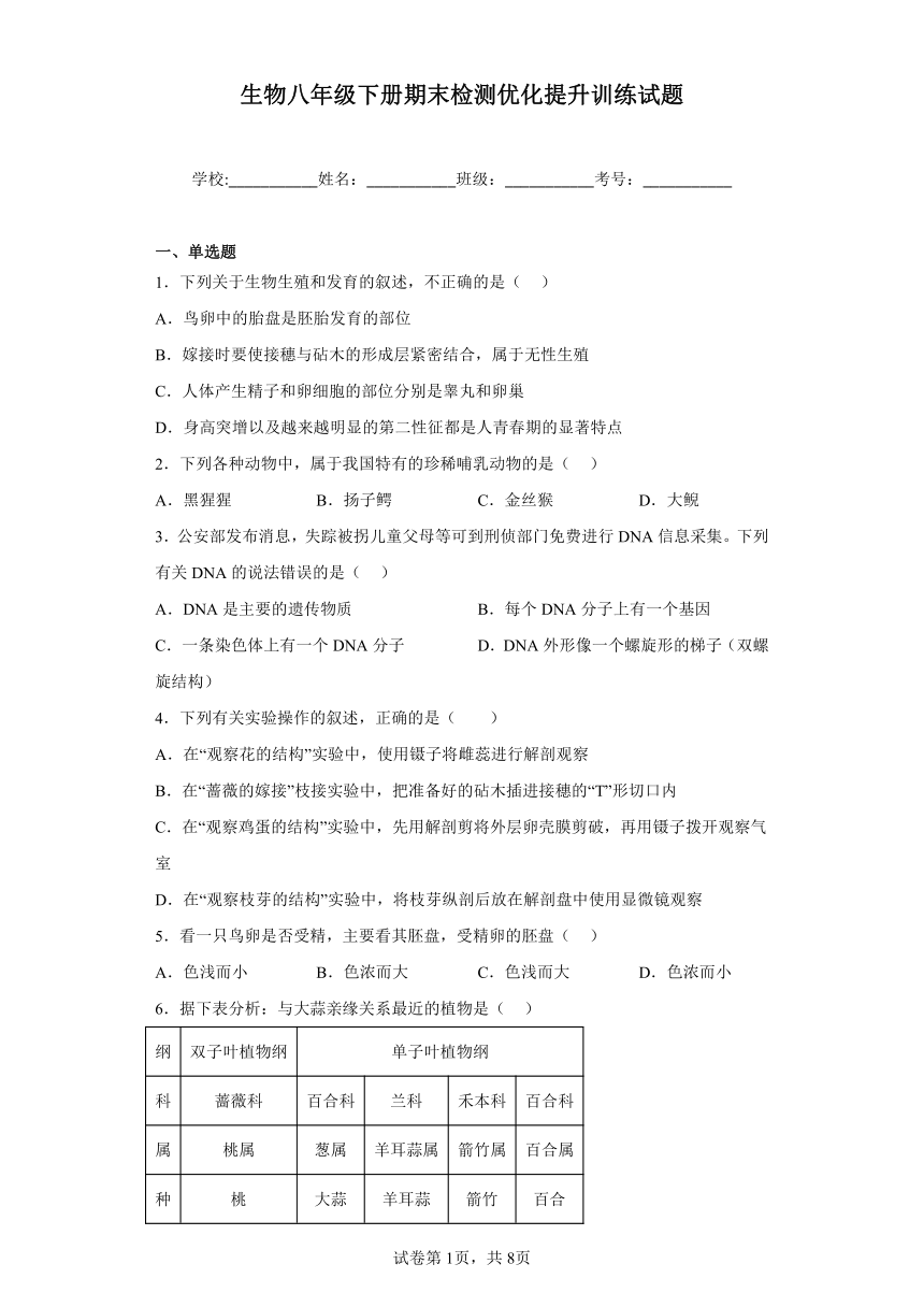 鲁科版生物八年级下册期末检测优化提升训练试题1（含解析）