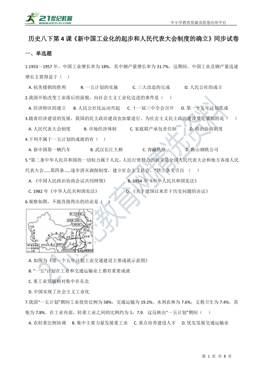 历史八下第4课《新中国工业化的起步和人民代表大会制度的确立》同步试卷(含答案)