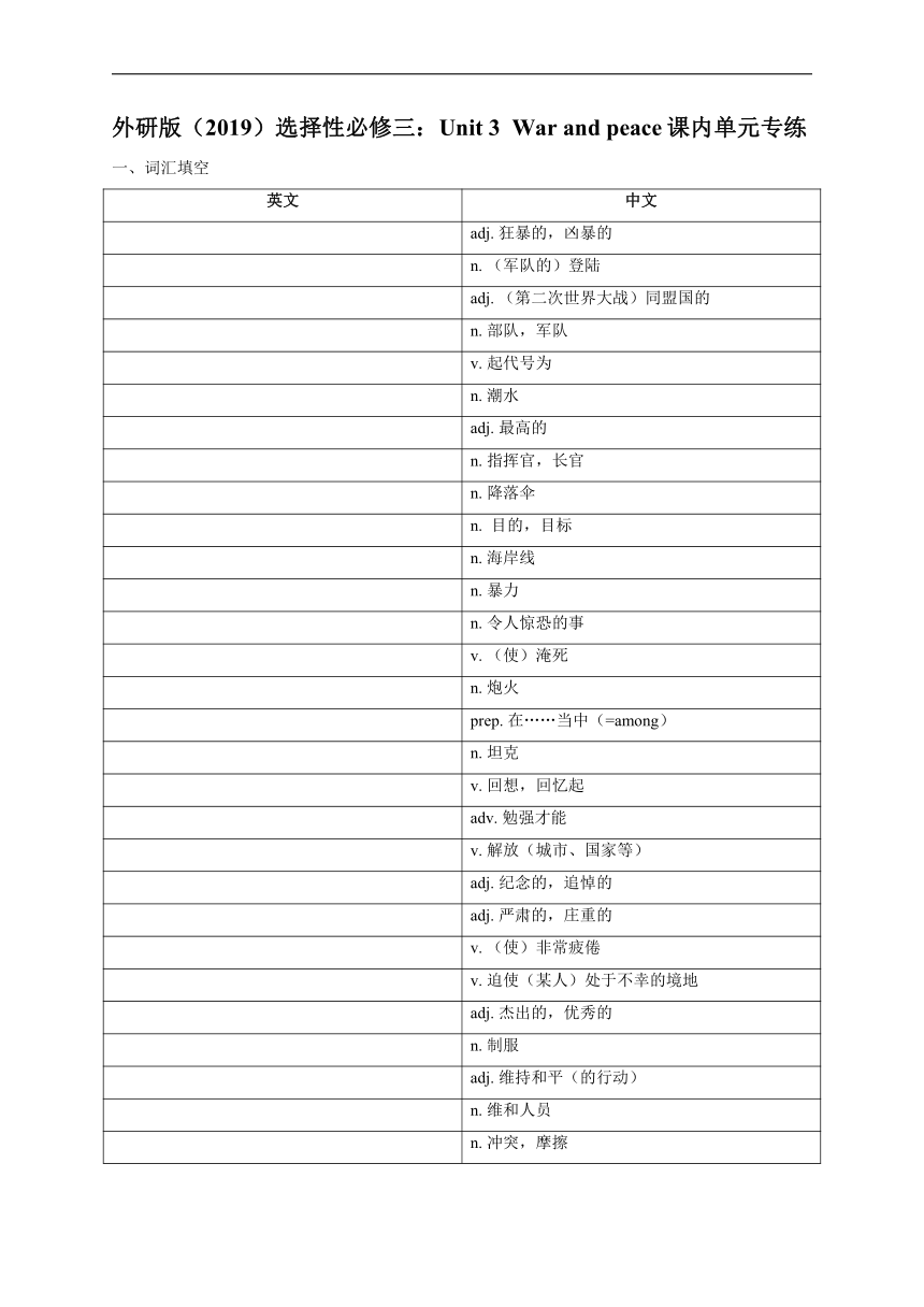 外研版（2019）选择性必修三：Unit 3 War and peace课内单元专练（含答案）