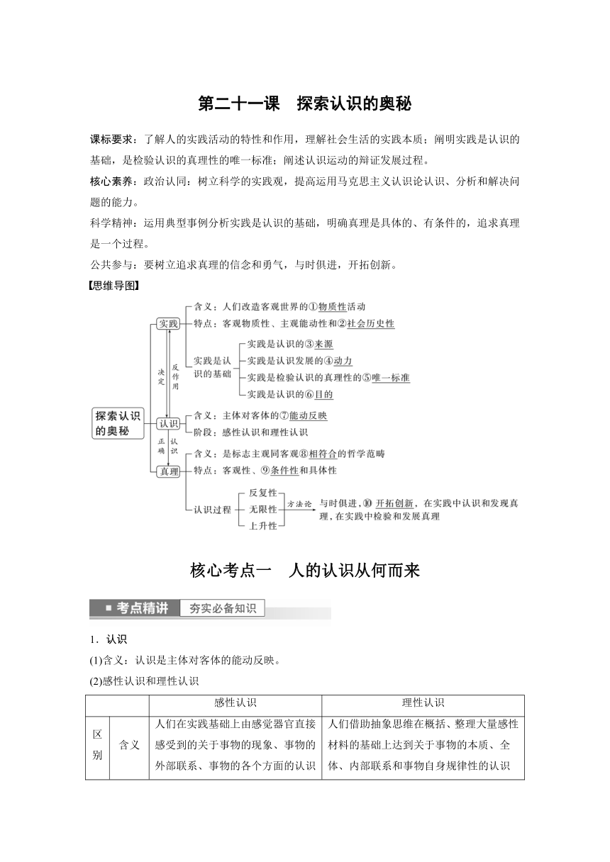 2023年江苏高考思想政治大一轮复习必修4  第二十一课 探索认识的奥秘（学案+课时精练 word版含解析）