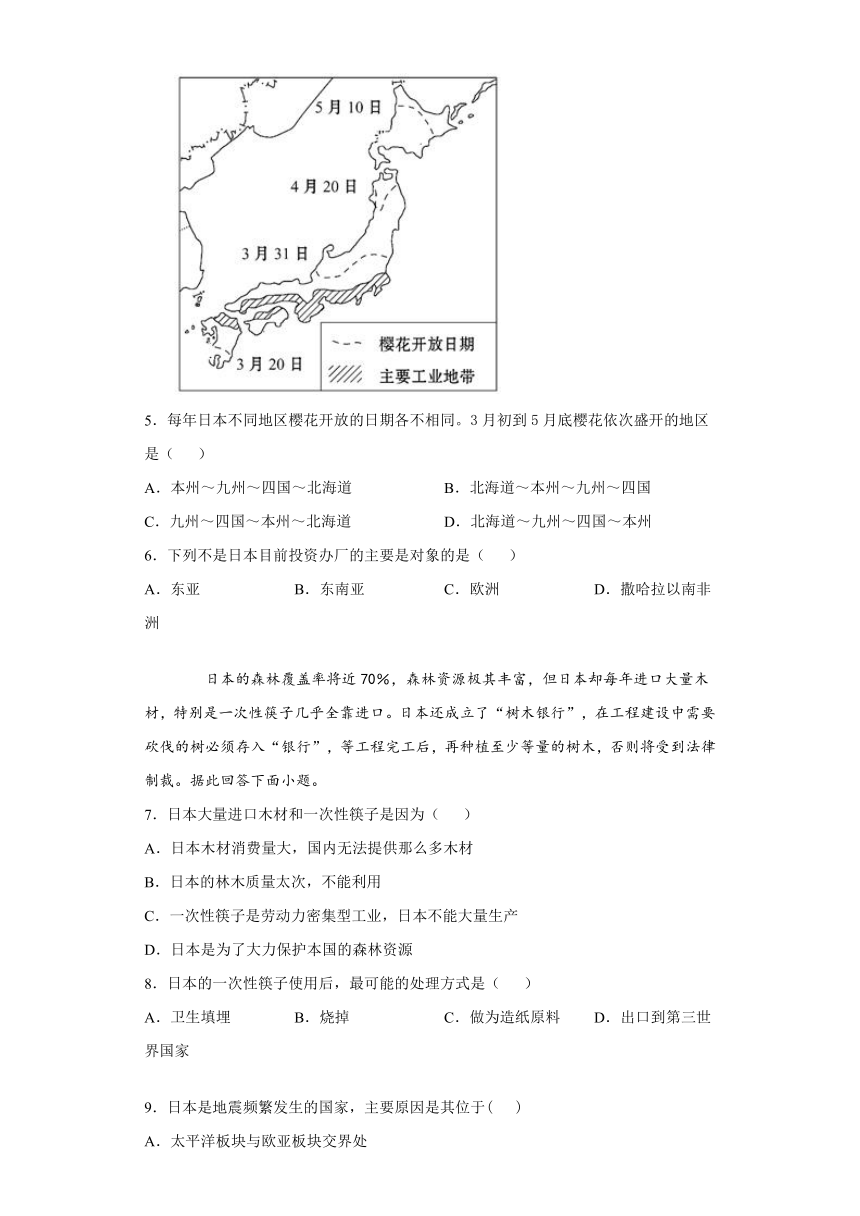 2020-2021学年度人教版（新课程标准）初中地理七下：7.1日本 达标作业（word版含解析）