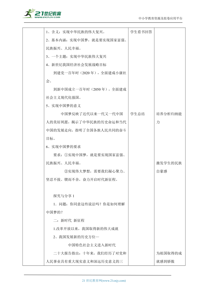 【核心素养目标】8.1我们的梦想 教案（表格式）