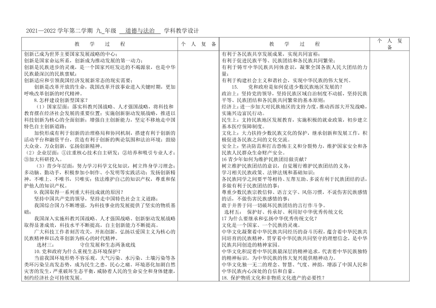 2022年中考道德与法治二轮复习时政热点专题5：2021年总书记的基层足迹复习教案（表格式）