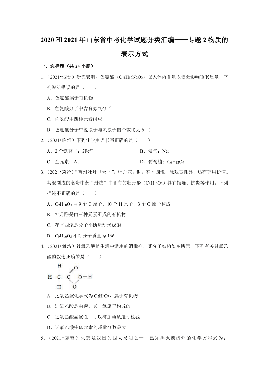 2020、2021年山东省中考化学试题分类汇编——专题2物质的表示方式（含解析）