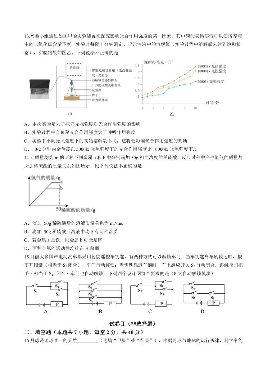 浙江省绍兴市2024年初中毕业生学业水平调测 科学试卷（含答案）