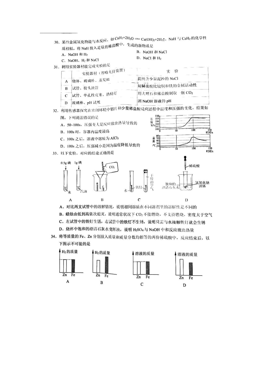 上海市杨浦区2020-2021学年度第二学期初三年级质量调研综合测试化学试卷 （PDF版有答案）