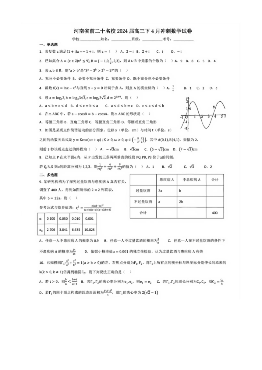 河南省前二十名校2024届高三下4月冲刺数学试卷 高中数学（PDF版含解析）
