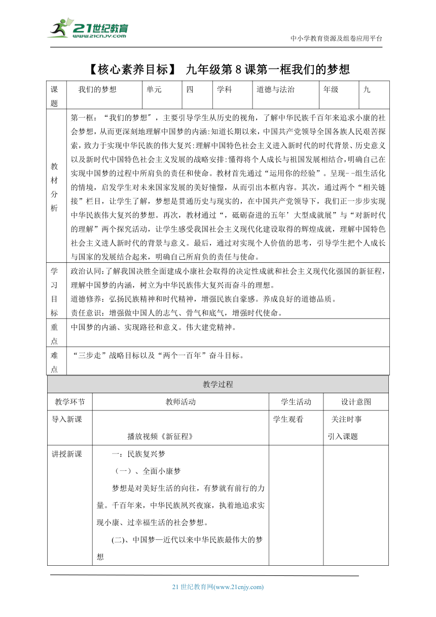 【核心素养目标】8.1我们的梦想 教案（表格式）