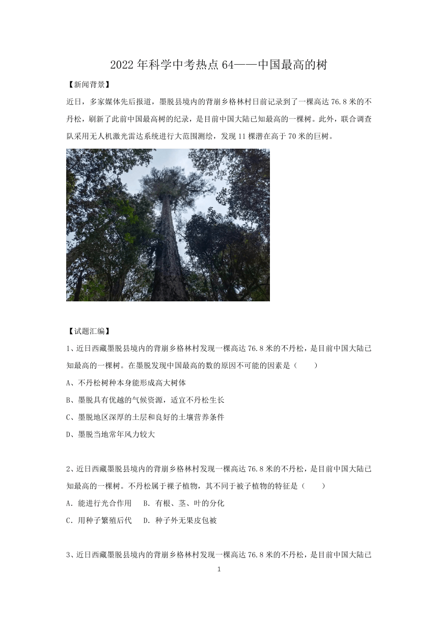 2022年科学中考热点64——中国最高的树（含答案）