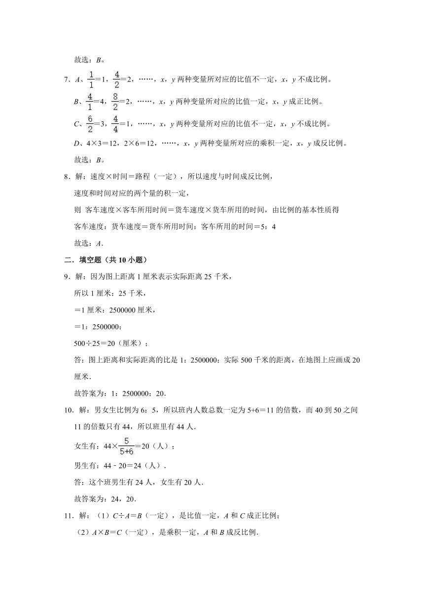 2020-2021学年北京课改版小学六年级数学下册第二章《比和比例》单元测试题（word版 有答案）