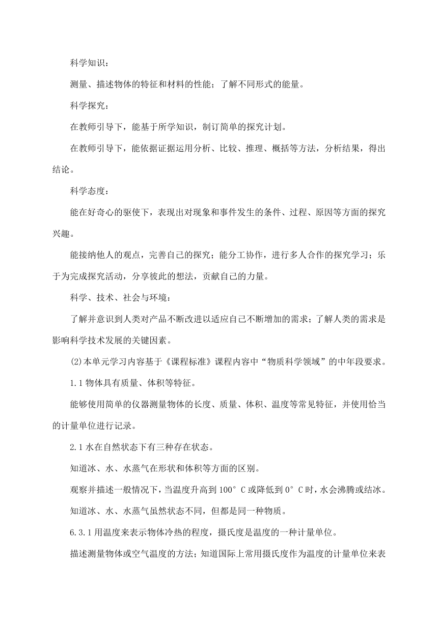 2021新苏教版四年级下册科学第一单元《冷和热》教材分析