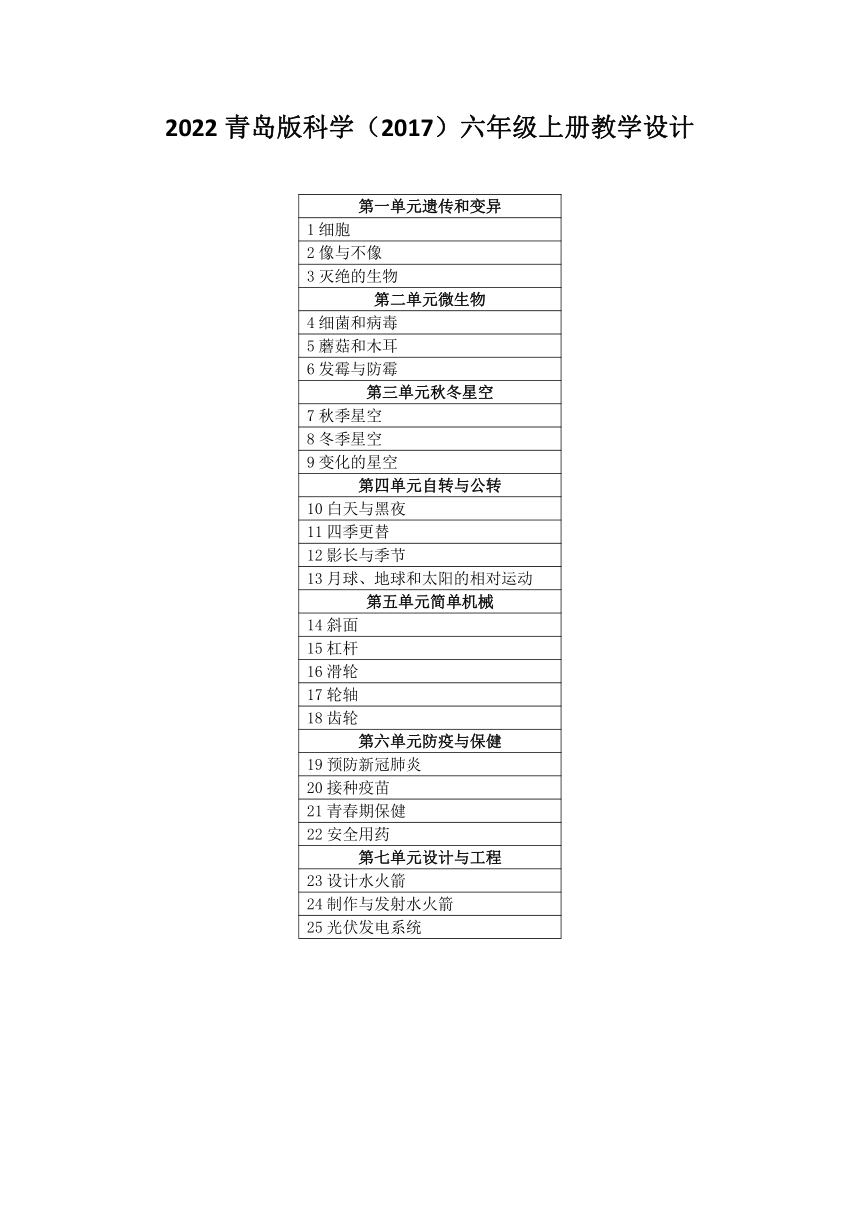 2022青岛版科学（2017）六年级上册教学设计（附目录）（PDF班）