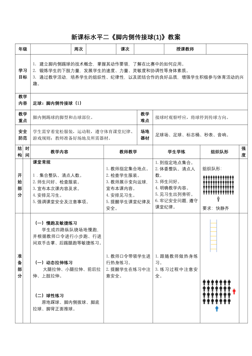 《脚内侧传接球(1)》教案（表格式） 人教版二年级下册体育与健康